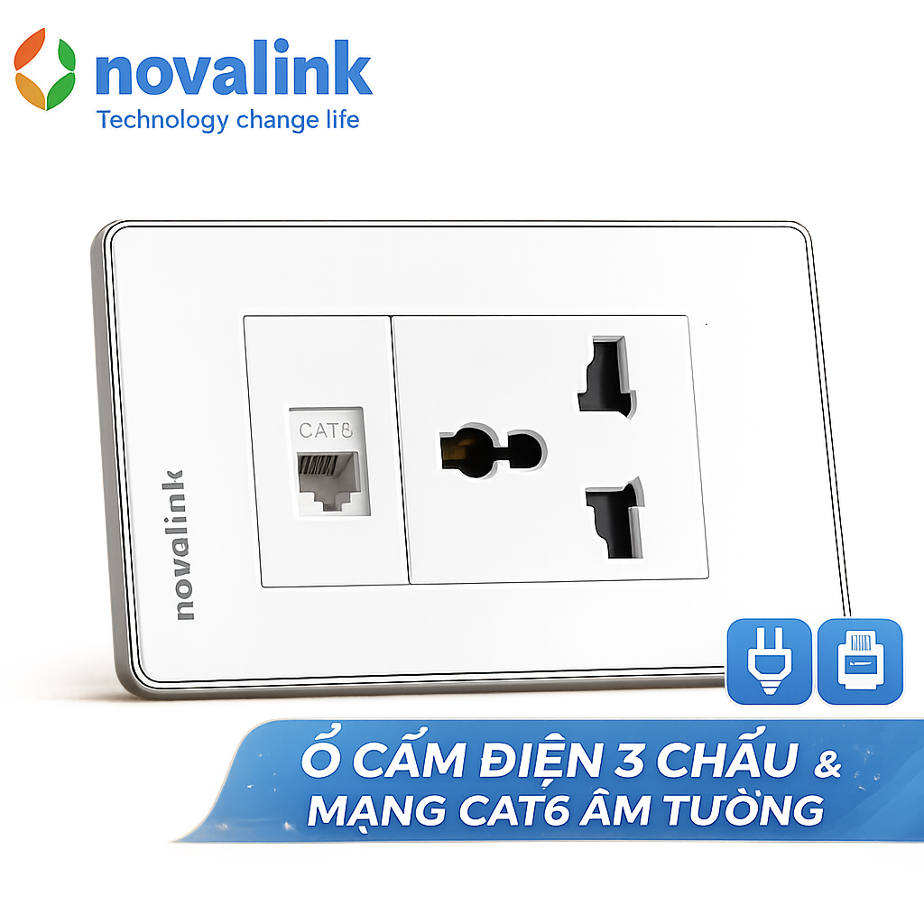 Bộ ổ cắm điện đơn 3 chấu mạng cat6 âm tường novalink NV-21003WS+M13+ CC-04-00231 chính hãng